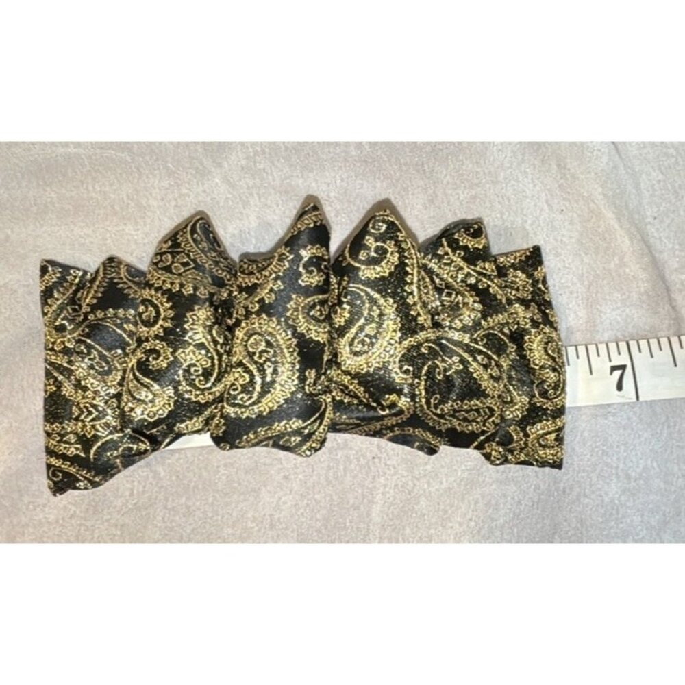 Vintage 60s Big Silky Look Hair Bow Barrette Clip Ribbon Black Gold Print‎ 7”